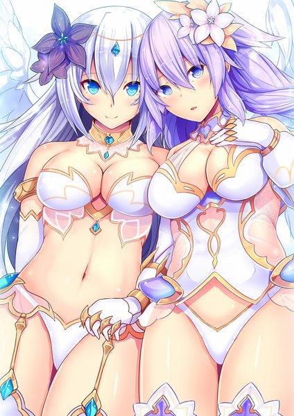 Anime picture 1200x1697 with choujigen game neptune purple heart black heart daiaru long hair tall image looking at viewer blush breasts blue eyes light erotic large breasts multiple girls purple hair white hair girl navel hair ornament underwear panties