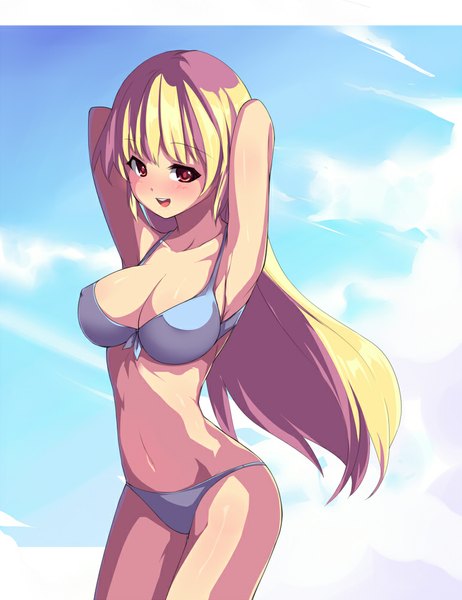 Anime picture 771x1000 with saiste single long hair tall image looking at viewer blush light erotic blonde hair smile red eyes sky cloud (clouds) armpit (armpits) arms behind head girl navel swimsuit