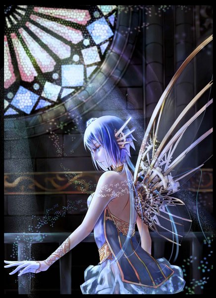 Anime picture 850x1169 with vocaloid aoki lapis momozi (mkingnight) single long hair tall image blush twintails bare shoulders profile aqua eyes sunlight aqua hair tattoo turning head brick wall mechanical wings girl dress wings