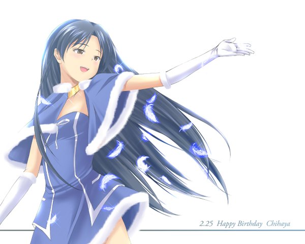 Anime picture 1280x1024 with idolmaster kisaragi chihaya nishi (count2.4) single long hair open mouth black hair simple background white background brown eyes looking away :d character names outstretched arm happy birthday cute & girly (idolmaster) pastel marine (idolmaster) girl dress gloves