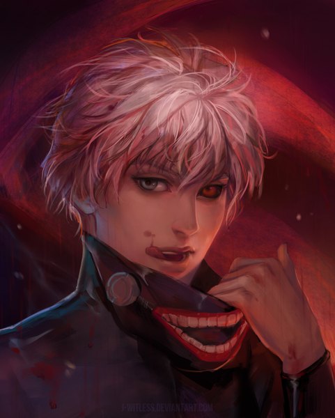 Anime picture 2164x2699 with tokyo ghoul studio pierrot kaneki ken j-witless single tall image looking at viewer highres short hair open mouth blue eyes red eyes upper body white hair long sleeves realistic inscription teeth heterochromia text