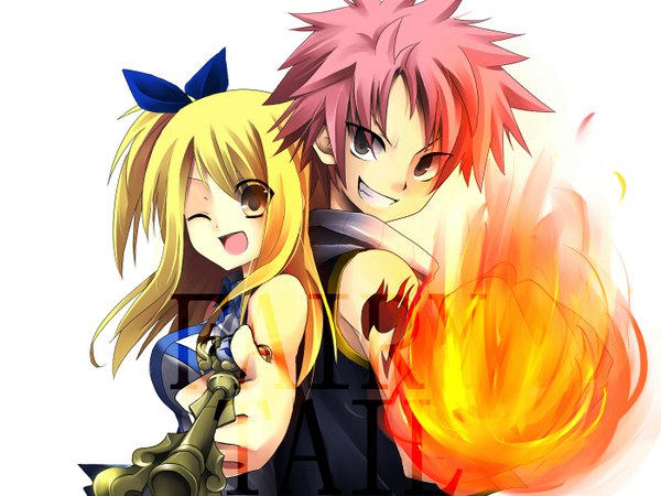 Anime picture 1400x1050 with fairy tail lucy heartfilia natsu dragneel tagme (artist) long hair looking at viewer fringe short hair breasts open mouth simple background blonde hair smile white background bare shoulders holding brown eyes payot pink hair upper body