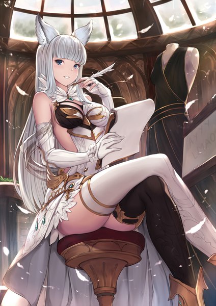 Anime picture 800x1131 with granblue fantasy korwa (granblue fantasy) pak ce single long hair tall image looking at viewer fringe breasts blue eyes smile sitting holding animal ears white hair indoors blunt bangs arm up from below crossed legs