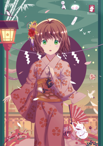 Anime picture 1024x1448 with original chinchongcha single long hair tall image looking at viewer blush fringe hair between eyes brown hair standing green eyes traditional clothes parted lips japanese clothes wide sleeves floral print girl animal petals