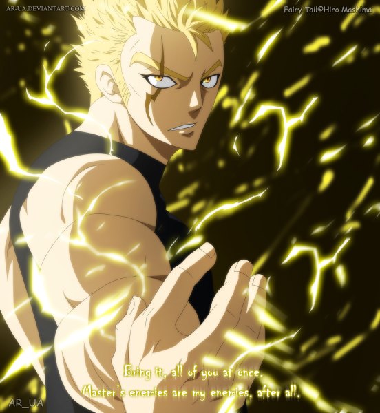 Anime picture 1104x1200 with fairy tail laxus dreyar ar-ua single tall image short hair blonde hair inscription orange eyes coloring magic black background scar muscle boy