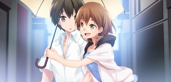 Anime picture 2250x1080 with brava! highres short hair open mouth black hair brown hair wide image brown eyes game cg black eyes couple shared umbrella girl boy shirt glasses umbrella