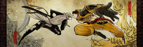 Anime picture 2000x666 with sengoku basara production i.g mitsunari ishida tokugawa ieyasu short hair black hair wide image grey hair multiple boys face to face battle boy gloves weapon sword armor katana 2 boys