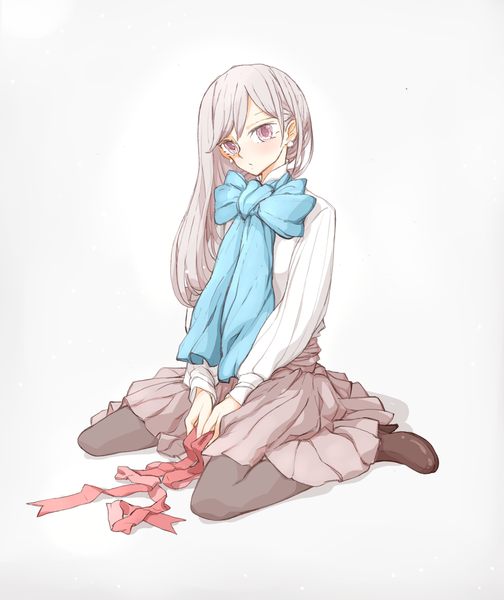 Anime picture 992x1181 with original arakawa (aintnoroom) single long hair tall image looking at viewer blush simple background white background sitting pink eyes grey hair girl skirt ribbon (ribbons) earrings pantyhose neckerchief