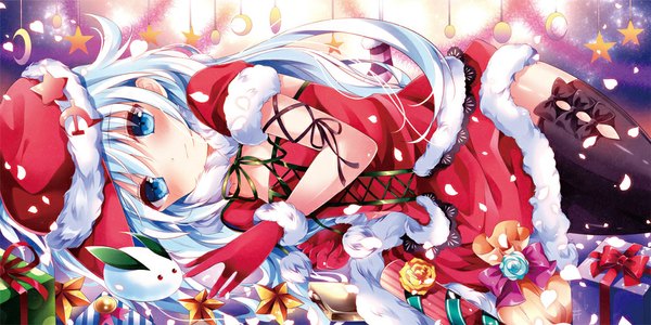 Anime picture 1000x500 with kantai collection hibiki destroyer verniy destroyer nogi takayoshi single long hair looking at viewer blush blue eyes wide image blue hair fur trim christmas girl thighhighs dress gloves black thighhighs hat petals