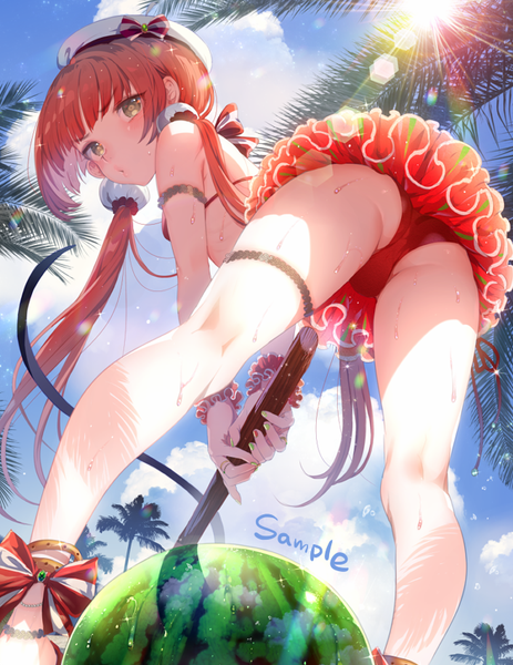 Anime picture 656x849 with original ikezaki misa single long hair tall image looking at viewer blush fringe light erotic standing twintails holding yellow eyes sky cloud (clouds) ass outdoors red hair nail polish looking back