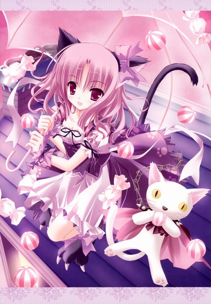 Anime picture 4875x7010 with byakuya chakai (artbook) tinker bell single long hair tall image highres animal ears pink hair absurdres pink eyes girl dress umbrella