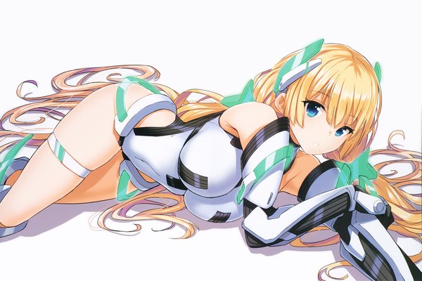 Anime picture 1759x1175 with expelled from paradise angela balzac saitom saitou masatsugu single looking at viewer fringe highres breasts blue eyes light erotic simple background blonde hair large breasts bare shoulders lying very long hair parted lips scan grey background