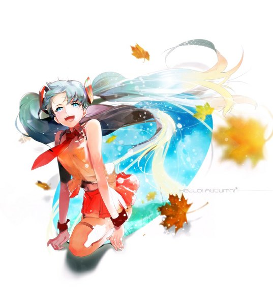 Anime picture 900x1005 with vocaloid hatsune miku zis (artist) single tall image looking at viewer blush fringe open mouth blue eyes simple background smile white background twintails bare shoulders very long hair wind aqua hair shadow girl