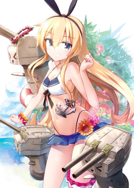 Anime picture 713x1000 with kantai collection shimakaze destroyer rensouhou-chan pemu single long hair tall image looking at viewer blush fringe breasts open mouth blue eyes light erotic blonde hair smile hair between eyes white background bare shoulders payot