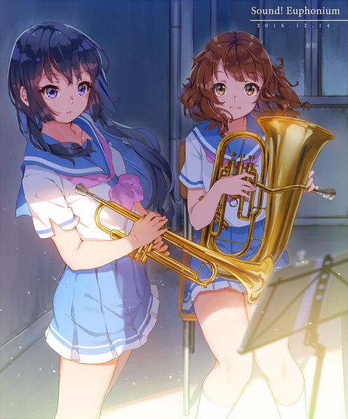 Anime picture 800x963 with hibike! euphonium kyoto animation kousaka reina oumae kumiko fangxiang cuoluan long hair tall image looking at viewer short hair black hair brown hair sitting purple eyes multiple girls brown eyes girl uniform 2 girls school uniform musical instrument