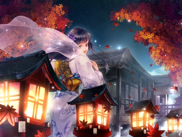 Anime picture 1281x969 with original mamekura single long hair open mouth black hair traditional clothes japanese clothes hair flower black eyes night girl hair ornament flower (flowers) plant (plants) tree (trees) kimono leaf (leaves) obi lamp