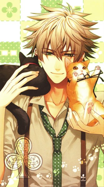 Anime picture 3057x5500 with amnesia idea factory kent (amnesia) hanamura mai single tall image highres short hair blonde hair smile green eyes looking away absurdres scan official art open collar boy animal glasses necktie