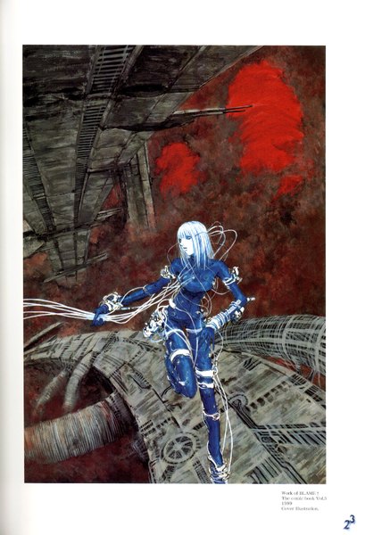 Anime picture 1359x1991 with blame! cibo nihei tsutomu single tall image short hair open mouth looking away white hair scan inscription running white eyes girl building (buildings) bodysuit wire (wires) cable