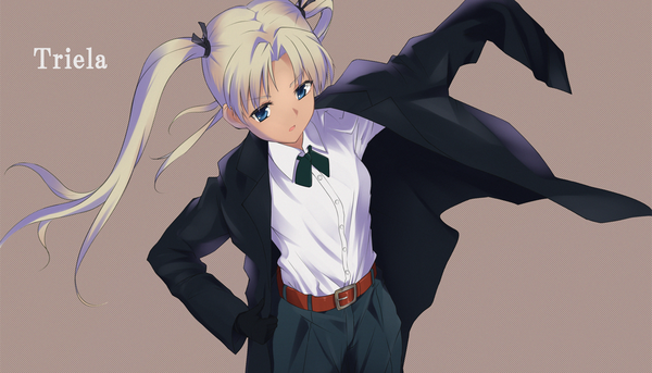 Anime picture 1165x667 with gunslinger girl madhouse triela mokkei (artist) single long hair open mouth blue eyes blonde hair simple background wide image twintails from above character names brown background girl gloves black gloves cloak