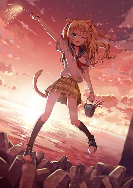 Anime picture 765x1075 with original taiyaki (astre) single long hair tall image open mouth blue eyes blonde hair animal ears sky cloud (clouds) tail animal tail one eye closed wink cat ears cat girl cat tail evening sunset