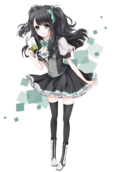 Anime picture 1181x1670 with original mf bunko an-mar (tukumoooon) single long hair tall image blush black hair simple background smile white background twintails green eyes girl thighhighs dress bow black thighhighs hair bow bowtie