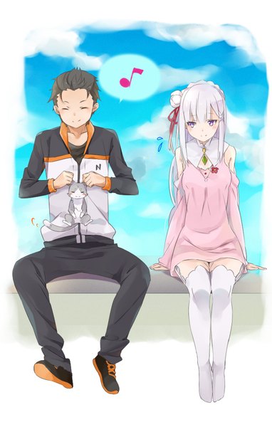 Anime picture 700x1100 with re:zero kara hajimeru isekai seikatsu white fox emilia (re:zero) natsuki subaru puck (re:zero) tama (05728) long hair tall image blush short hair black hair smile sitting purple eyes holding payot looking away silver hair full body bent knee (knees)