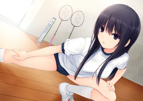 Anime picture 1356x960 with original aoyama sumika coffee-kizoku single long hair looking at viewer black hair purple eyes exercise girl uniform socks white socks gym uniform tennis racket badminton racket