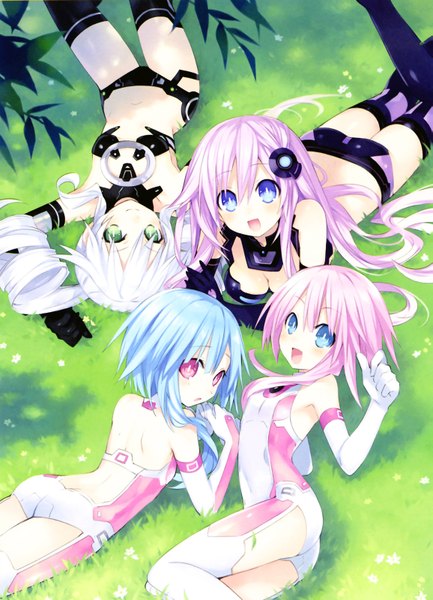 Anime picture 1155x1600 with choujigen game neptune nepgear uni (choujigen game neptune) rom (choujigen game neptune) ram (choujigen game neptune) purple sister black sister white sister ram white sister rom tsunako long hair tall image looking at viewer blush fringe breasts open mouth blue eyes light erotic smile