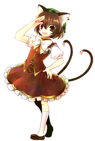 Anime picture 1181x1748 with touhou chen socha single tall image short hair open mouth brown hair brown eyes animal ears full body cat ears cat girl cat tail hand on hip transparent background multiple tails salute girl skirt