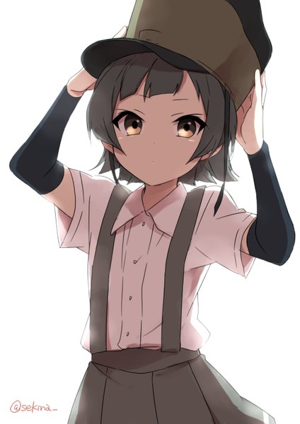 Anime picture 1000x1416 with kantai collection arare destroyer sekina single tall image looking at viewer fringe short hair black hair simple background white background brown eyes signed hands on head girl uniform school uniform hat detached sleeves flat cap