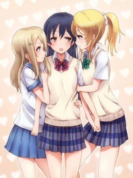 Anime picture 750x1000 with love live! school idol project sunrise (studio) love live! ayase eli sonoda umi ayase arisa ivioss long hair tall image blush breasts open mouth blue eyes blonde hair smile standing multiple girls brown eyes blue hair looking away