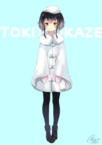 Anime picture 1061x1500 with kantai collection tokitsukaze destroyer amahara pekozaemon single tall image looking at viewer blush short hair black hair simple background standing brown eyes signed payot full body alternate costume character names casual aqua background girl