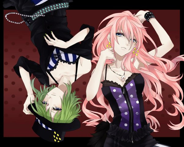 Anime picture 1280x1024 with vocaloid megurine luka gumi kyo zip long hair short hair blue eyes bare shoulders multiple girls pink hair cleavage green hair girl dress 2 girls hat