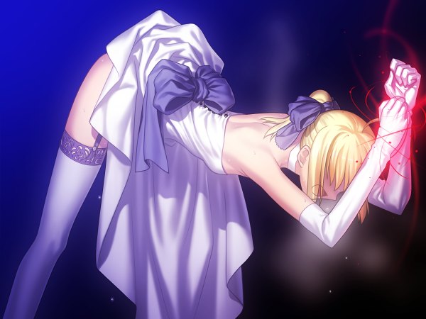 Anime picture 2400x1800 with fate (series) fate/stay night fate/unlimited blade works artoria pendragon (all) saber takeuchi takashi single long hair fringe highres open mouth light erotic blonde hair bare shoulders ahoge ponytail leaning leaning forward girl thighhighs