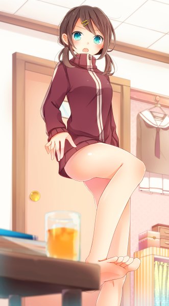 Anime picture 700x1268 with original goma (11zihisin) single tall image looking at viewer blush short hair open mouth blue eyes brown hair twintails barefoot bare legs low twintails short twintails girl sweater