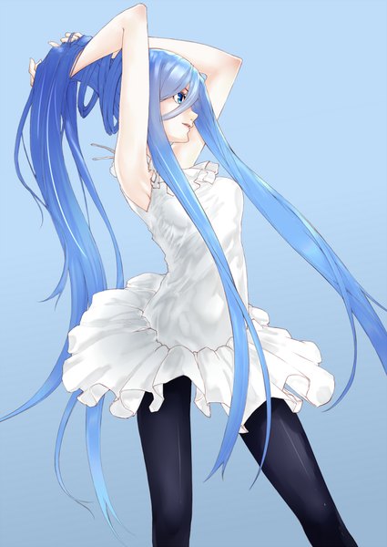 Anime picture 1500x2118 with aoki hagane no arpeggio takao (aoki hagane no arpeggio) single long hair tall image blue eyes simple background blue hair ponytail profile girl dress