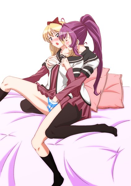 Anime picture 1241x1754 with yuru yuri doga kobo toshinou kyouko sugiura ayano tatsuya (guild-plus) long hair tall image blush open mouth blue eyes light erotic blonde hair multiple girls purple hair ponytail eyes closed spread legs embarrassed breast grab shoujo ai