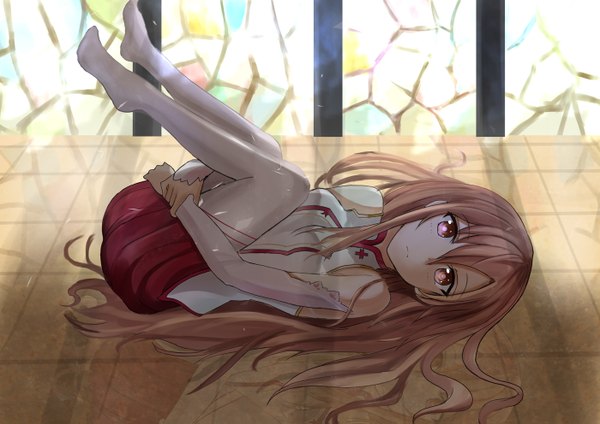 Anime picture 1400x991 with sword art online a-1 pictures yuuki asuna tagme (artist) single long hair looking at viewer fringe breasts brown hair purple eyes bent knee (knees) lying barefoot on back legs up knees on chest girl thighhighs white thighhighs