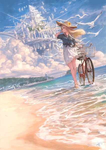 Anime picture 850x1200 with original you shimizu single long hair tall image blonde hair smile holding brown eyes looking away sky cloud (clouds) full body outdoors pleated skirt arm up wind bare legs dutch angle beach