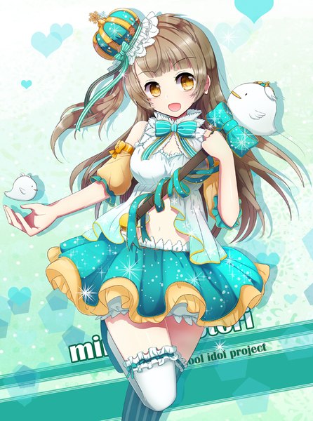 Anime picture 600x806 with love live! school idol project sunrise (studio) love live! minami kotori minami kotori (bird) tora (tora factory) single long hair tall image looking at viewer blush fringe open mouth smile brown hair standing bare shoulders holding yellow eyes payot