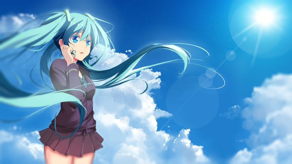 Anime picture 1920x1080 with vocaloid hatsune miku qingchen single highres wide image twintails payot looking away sky cloud (clouds) very long hair parted lips pleated skirt aqua eyes sunlight blurry aqua hair sunbeam girl