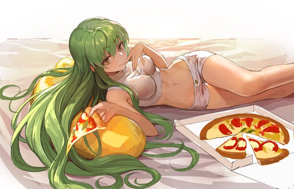 Anime picture 3000x1932 with code geass sunrise (studio) c.c. cheese-kun teffish single long hair fringe highres breasts light erotic smile hair between eyes bare shoulders yellow eyes lying green hair midriff legs on side