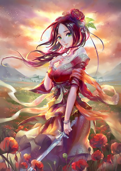 Anime picture 640x896 with jofang long hair tall image smile standing bare shoulders green eyes sky cloud (clouds) red hair traditional clothes hair flower hair bun (hair buns) mountain flying field girl hair ornament flower (flowers) ribbon (ribbons)