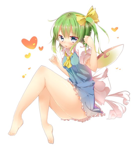 Anime picture 1200x1301 with touhou daiyousei kurean (artist) single tall image blush short hair open mouth blue eyes light erotic simple background white background barefoot green hair legs one side up girl dress bow hair bow