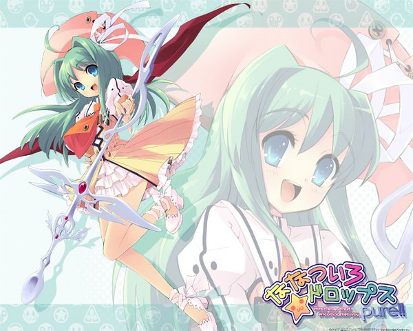 Anime picture 1280x1024 with nanatsuiro drops long hair open mouth smile aqua eyes bare legs magical girl girl ribbon (ribbons) hair ribbon hat
