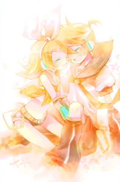 Anime picture 3985x6059 with vocaloid kagamine rin kagamine len shimeko tall image highres short hair simple background blonde hair smile white background sitting absurdres eyes closed scan midriff siblings twins girl boy