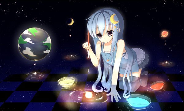 Anime picture 1653x1000 with original if (asita) single long hair wide image brown eyes blue hair loli checkered floor crescent girl thighhighs black thighhighs water planet earth