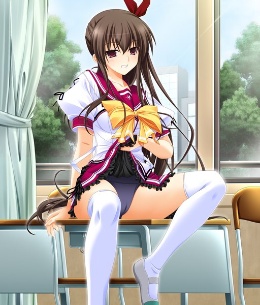 Anime picture 1024x1200 with sora to kumo to kimi no koi suien long hair tall image light erotic red eyes brown hair sitting arm support puffy sleeves grin side ponytail skirt lift swimsuit under clothes girl thighhighs skirt uniform school uniform white thighhighs