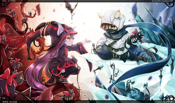 Anime picture 1500x884 with league of legends lulu (league of legends) kennen (league of legends) beanbean1988 brown hair wide image yellow eyes purple hair very long hair fairy girl boy bow weapon cat witch hat ice ninja