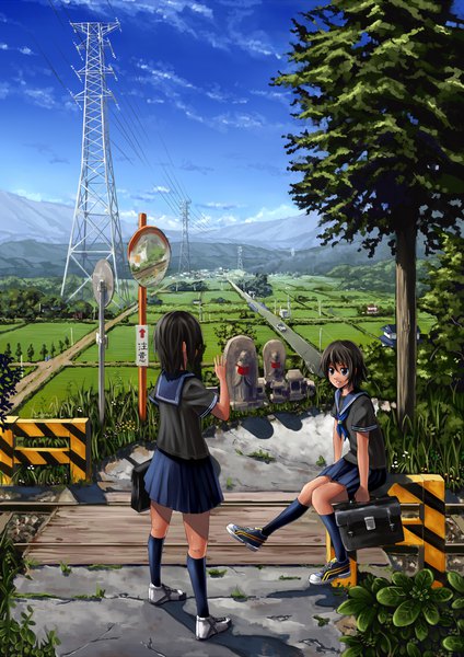 Anime picture 800x1131 with original bokuden tall image short hair black hair smile sitting multiple girls sky cloud (clouds) outdoors pleated skirt black eyes mountain railroad crossing girl skirt uniform 2 girls plant (plants)